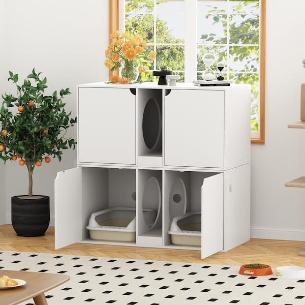 FUFU&GAGA Cat Litter Box Enclosure for 2 Cats, Modern Wood Stackable Large Cat Washroom Cabinet Bench End Table Furniture, White