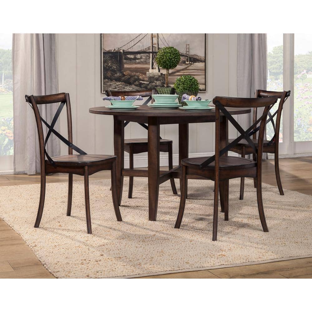 Burnished Dark Oak Round Wood Dining Table with Four Legs
