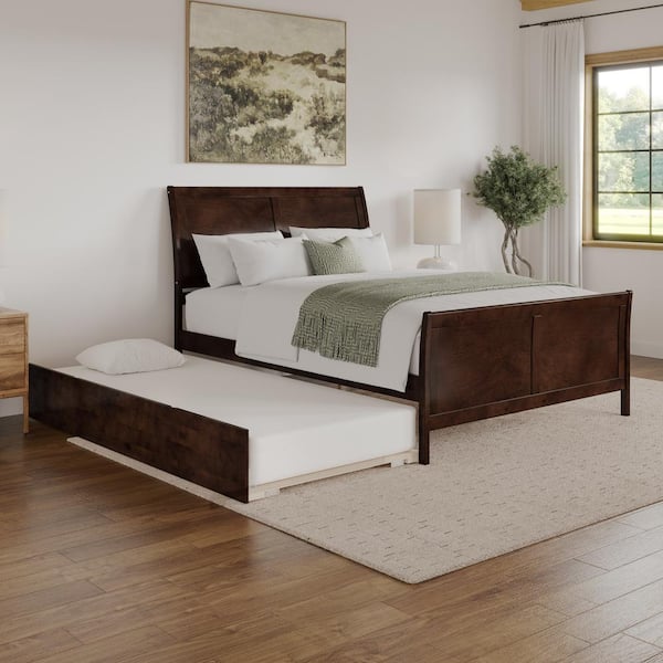 AFI Portland Walnut Brown Solid Wood Frame Queen Platform Bed with Matching Footboard and Twin XL Trundle