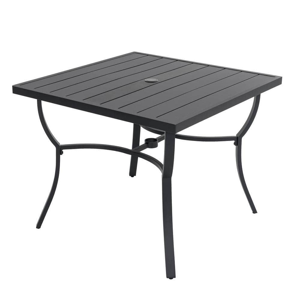 Black Aluminum Square Outdoor Dining Table with Umbrella Hole
