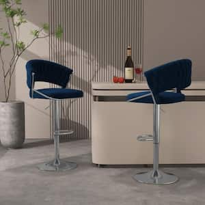 43.14 in. Modern Navy Blue Low Back Silver Metal Frame Adjustable Height Swivel Bar Stool with Velvet Seat (Set of 2)