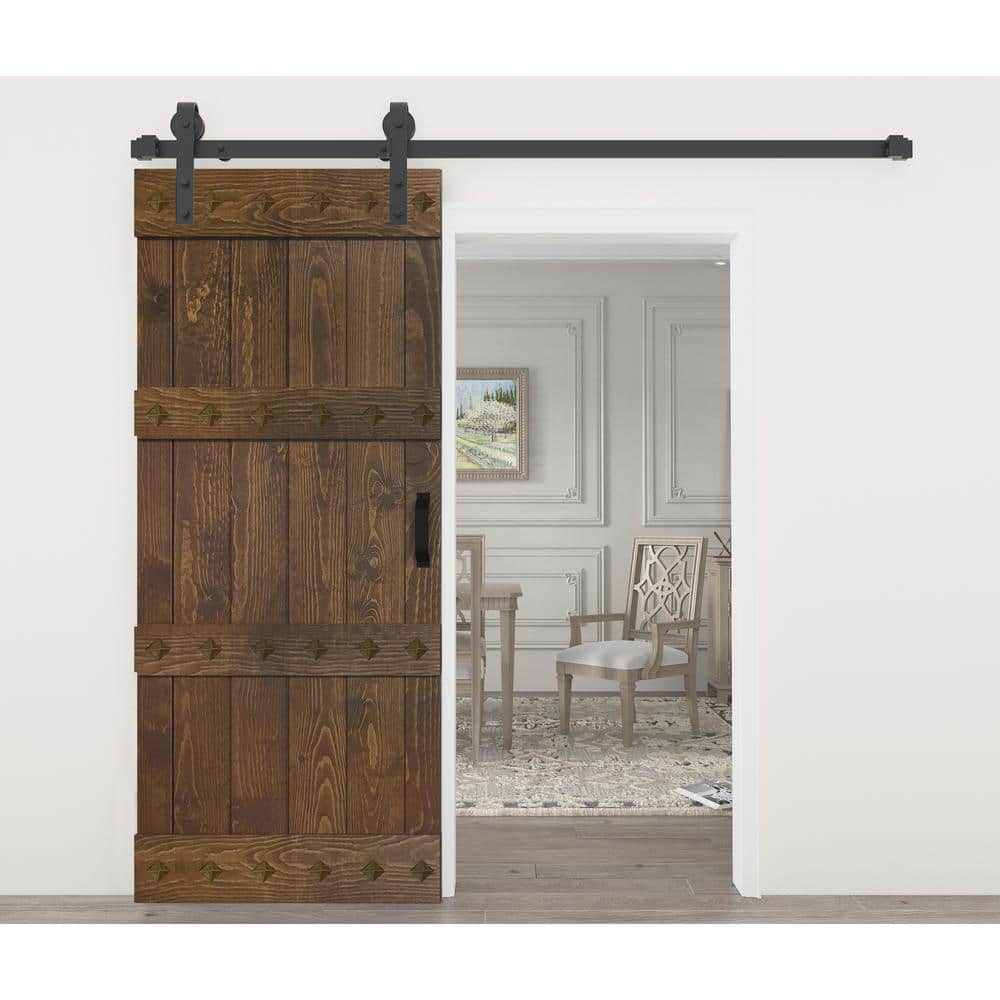 Mid-Century Modern Dark Walnut Solid Wood Barn Door Kit with Matte Black Hardware