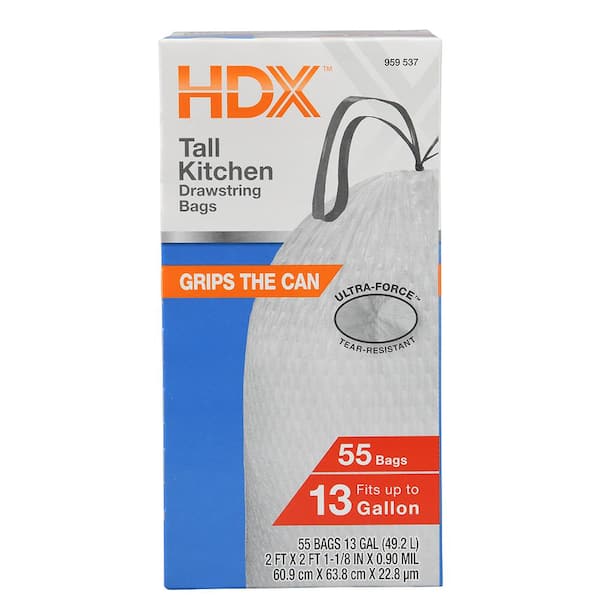 HDX HDX 13 Gal. FLEX White Drawstring Kitchen Trash Bags (55 Count)  HDX959537