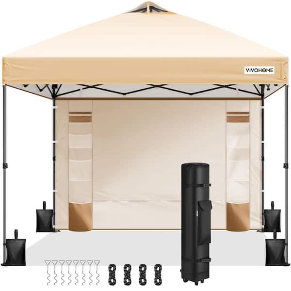 10 ft. x 10 ft. Outdoor Portable Easy Setup Beige Pop-Up Canopy with Detachable Sidewall