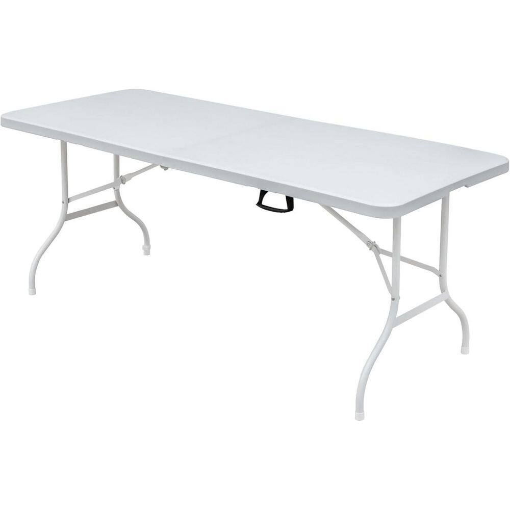 71 in., White Rectangle Metal Folding Outdoor Picnic Table with Extension, Plastic Top, Carrying Handle