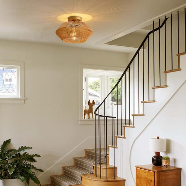 Boho Series 12.6 in. 1-Light Gold Flush Mount with Hand-Woven Rattan Shade and No Bulbs Included (1-Pack)