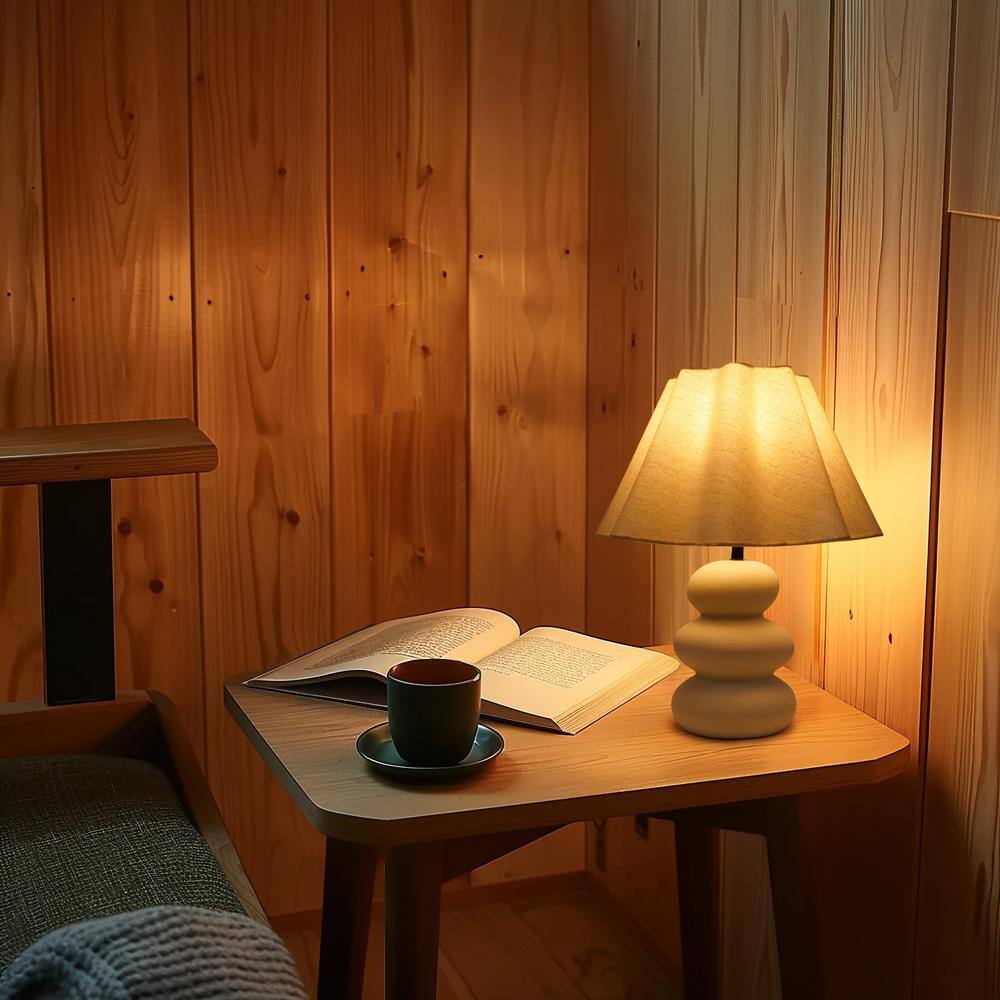 Tall White Ceramic Table Lamp with Beige Linen Shade