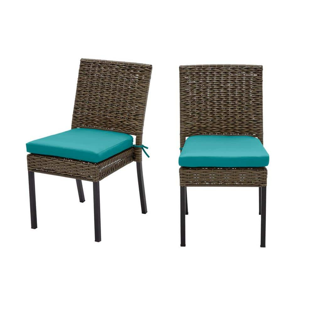 Laguna Point Brown 2-Piece Wicker Outdoor Patio Dining Chair with Sunbrella Peacock Blue-Green Cushions -  Hampton Bay, H096-01011400