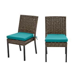 Laguna Point Brown 2-Piece Wicker Outdoor Patio Dining Chair with Sunbrella Peacock Blue-Green Cushions
