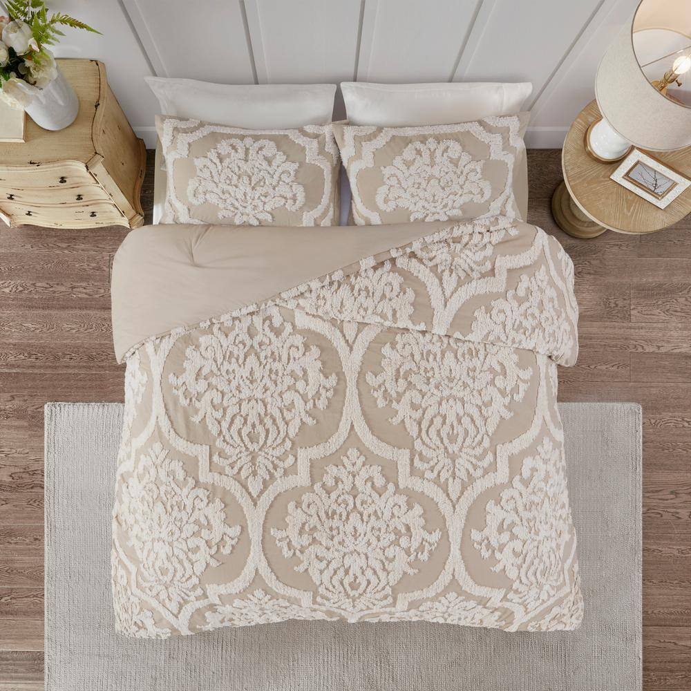 Taupe Full Tufted Cotton Chenille Damask Comforter Set