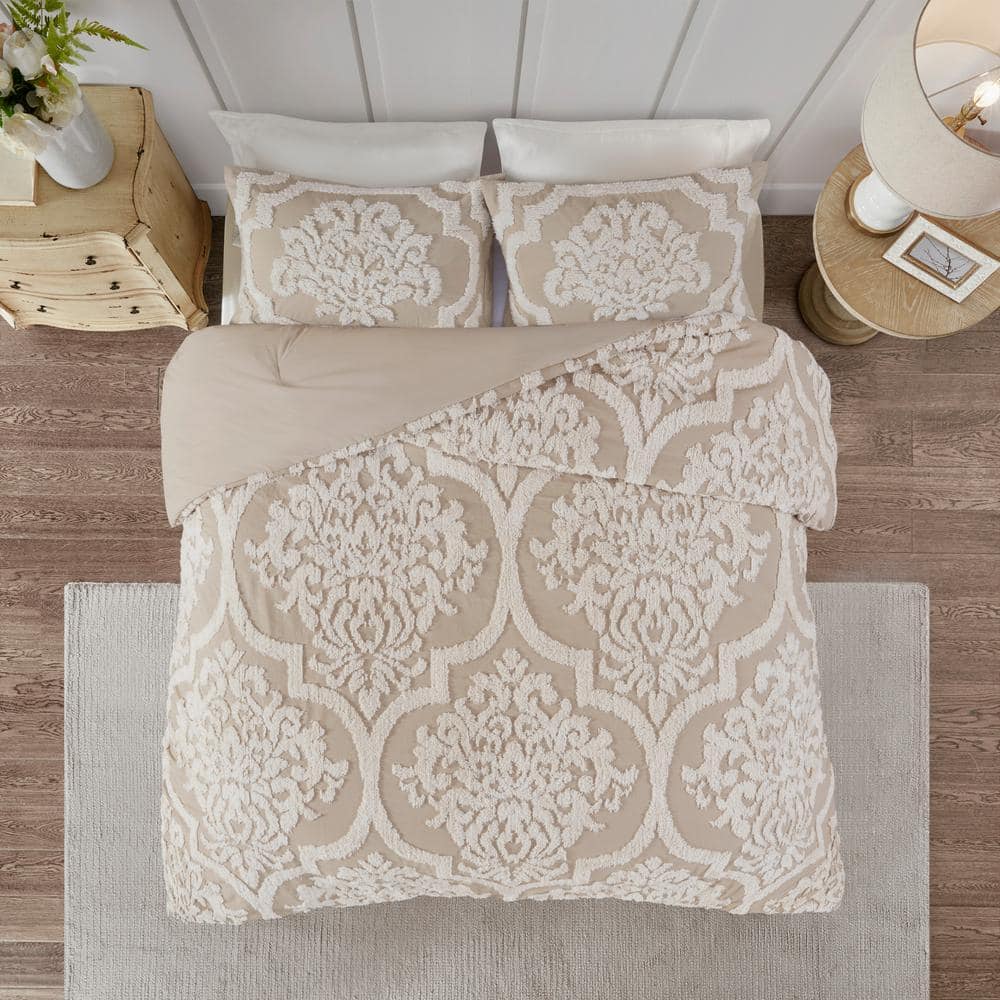 Taupe King Cotton Chenille Damask Comforter Set