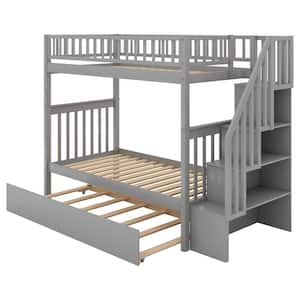 Gray Trundle Twin Over Twin Bunk Bed Solid Wood Bunk Beds with Safety Rails and Storage Shelf