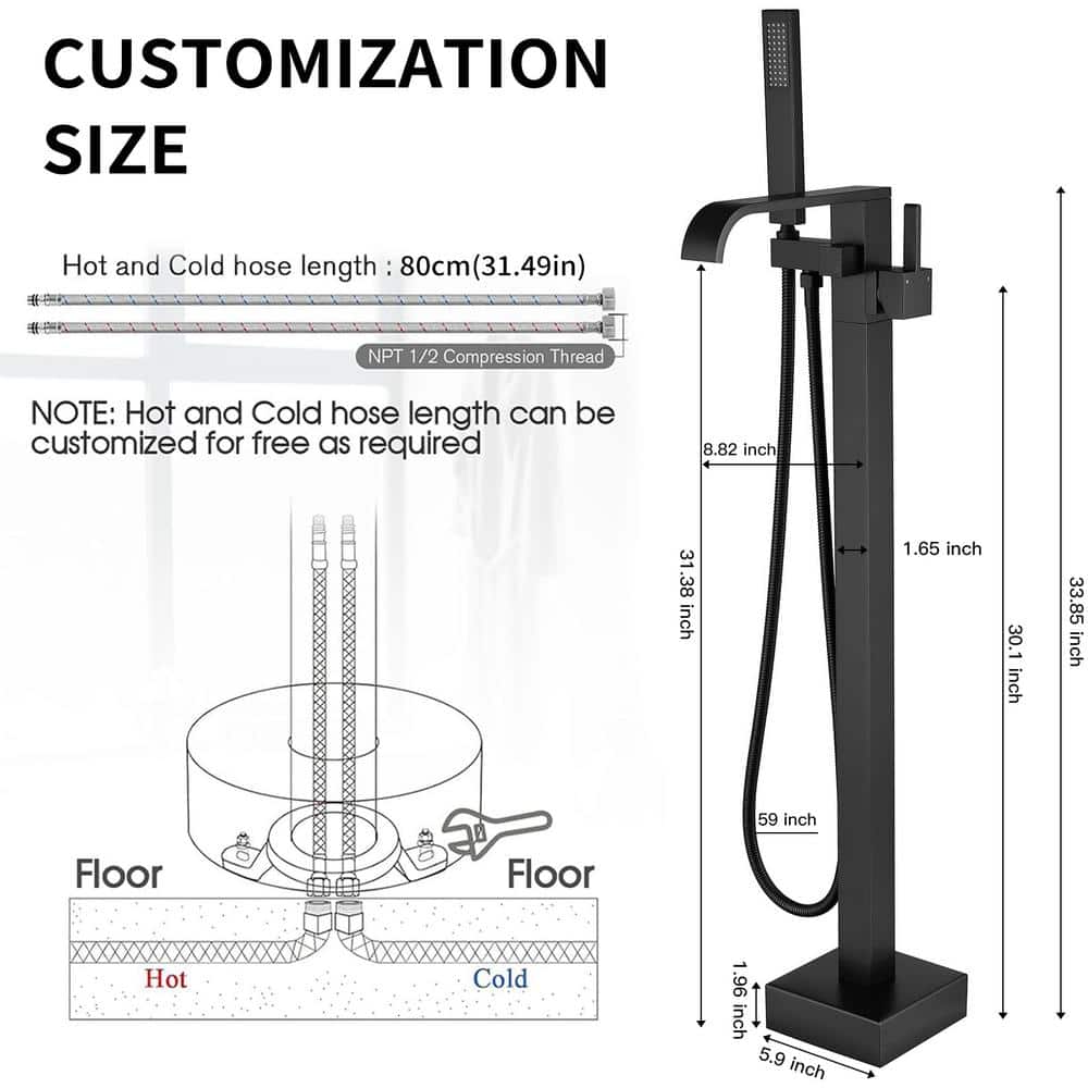 Matte Black Brass Floor-Mounted Freestanding Tub Filler