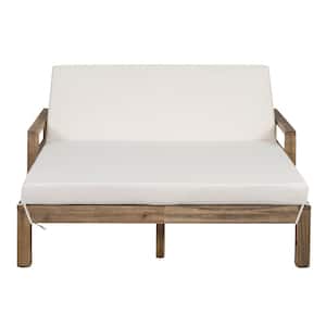 Seating 2-People Solid Wood Outdoor Day Bed, Farmhouse-Styled Sunbed for Ultimate Relaxation, with Beige Cushions