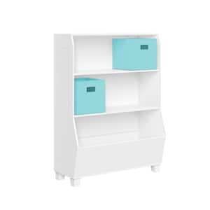 34 in. Wide White Kids Playroom Bookshelf with Veggie Bin Organizer, 2-Open Toy Storage Shelves and 2-Aqua Fabric Bins