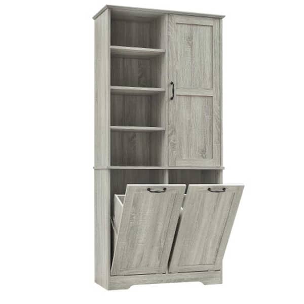31 in. W x 14 in. D x 68 in. H Oak Brown Linen Cabinet,Bath Storage Cabinet with Doors & Drawers,Tilt-Out Laundry Hamper