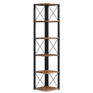 Jannelly 70.8 in. Rustic Brown Wood and Black Metal Frame 6 tier Radial Corner Shelves Bookcase Storage Rack Plant Stand