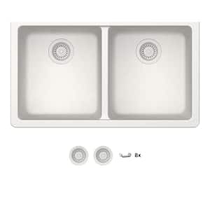 Stonehaven 33 in. Undermount 50/50 Double Bowl White Ice Granite Composite Kitchen Sink with White Strainer