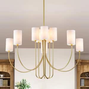 Lorise 10-Light Aged Brass Modern Linear Sputnik Chandelier for Dining Room with Cylindrical Fabric Shade