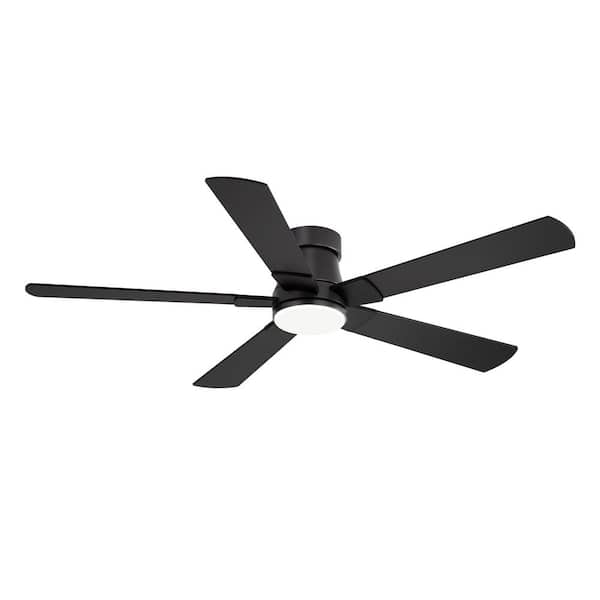 52in Black Indoor/Outdoor Standard Flush Mount Ceiling Fan with Light Remote Low Profile Reversible DC Motor for Bedroom