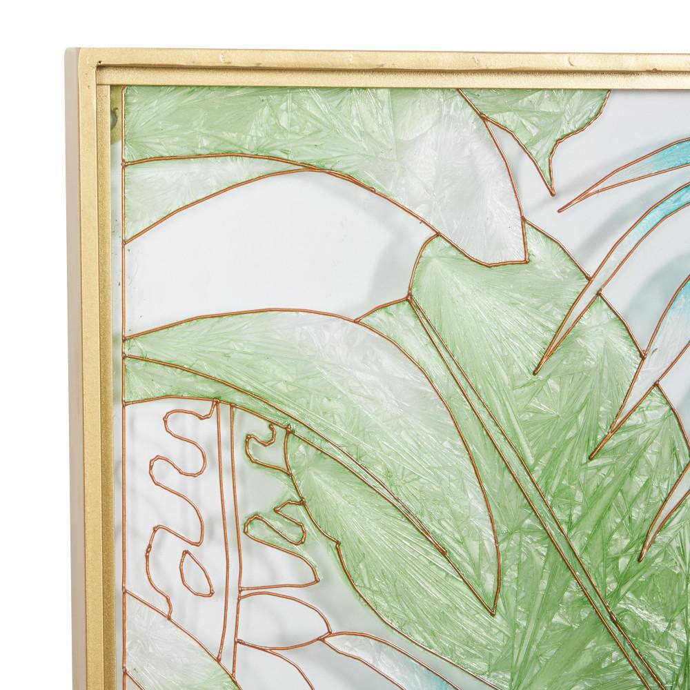 Green and Gold Tropical Leaf Tiffany Glass Framed Wall Decor Set
