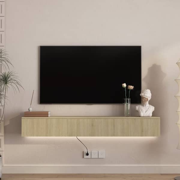 65 in. W x 11.8 in. D Natural MDF Wood Floating TV Stand Shelves Decorative Wall Shelf with Lights and Power Outlet