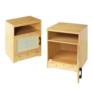 Yellow Bamboo Nightstands Accent Storage Cabinets Side End Table with Rattan Doors and Storage Cube (Set of 2)
