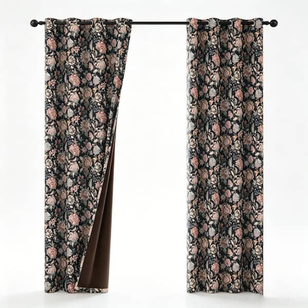 52"W x 84"L Black Floral Blackout Curtains 2 Panels, Farmhouse Thermal Grommet Drapes