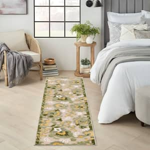 Aloha Ivory Green 2 ft. x 8 ft. Floral Contemporary Indoor/Outdoor Runner Area Rug