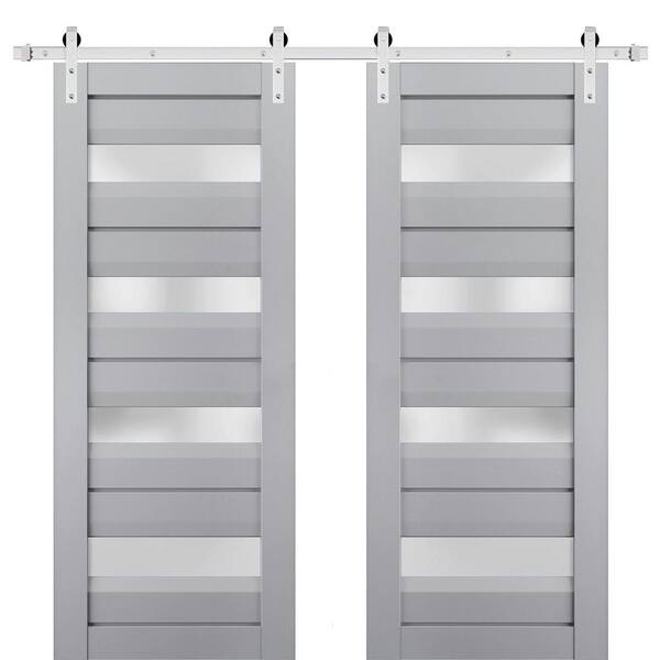 Sartodoors 24 in. x 96 in. 2 Panel Frosted Glass Matte Grey Solid Wood Sliding Barn Door with Hardware Kit