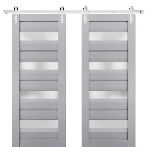 32 in. x 84 in. 2 Panel Frosted Glass Matte Grey Solid Wood Sliding Barn Door with Hardware Kit
