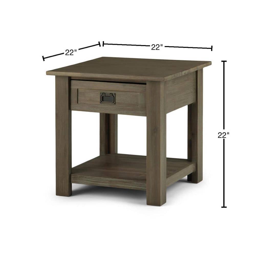 Monroe Solid Acacia Wood Square End Table in Distressed Grey with Storage