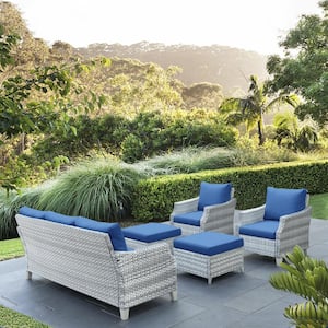 Canton Off White 5-Pieces Wicker Patio Conversation Set with Blue Cushions