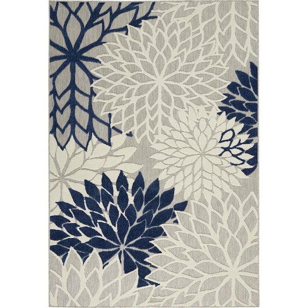 Nourison Aloha Ivory/Navy 6 ft. x 9 ft. Floral Modern Indoor/Outdoor Patio Area Rug