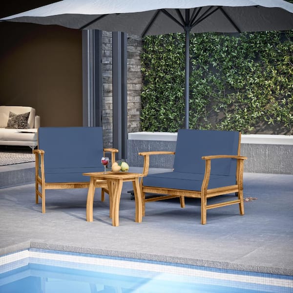 HEARTH & HARBOR 3-Piece Patio Furniture Wood Bistro Conversation Set with Blue cushions, 2-Chairs and Bistro Table