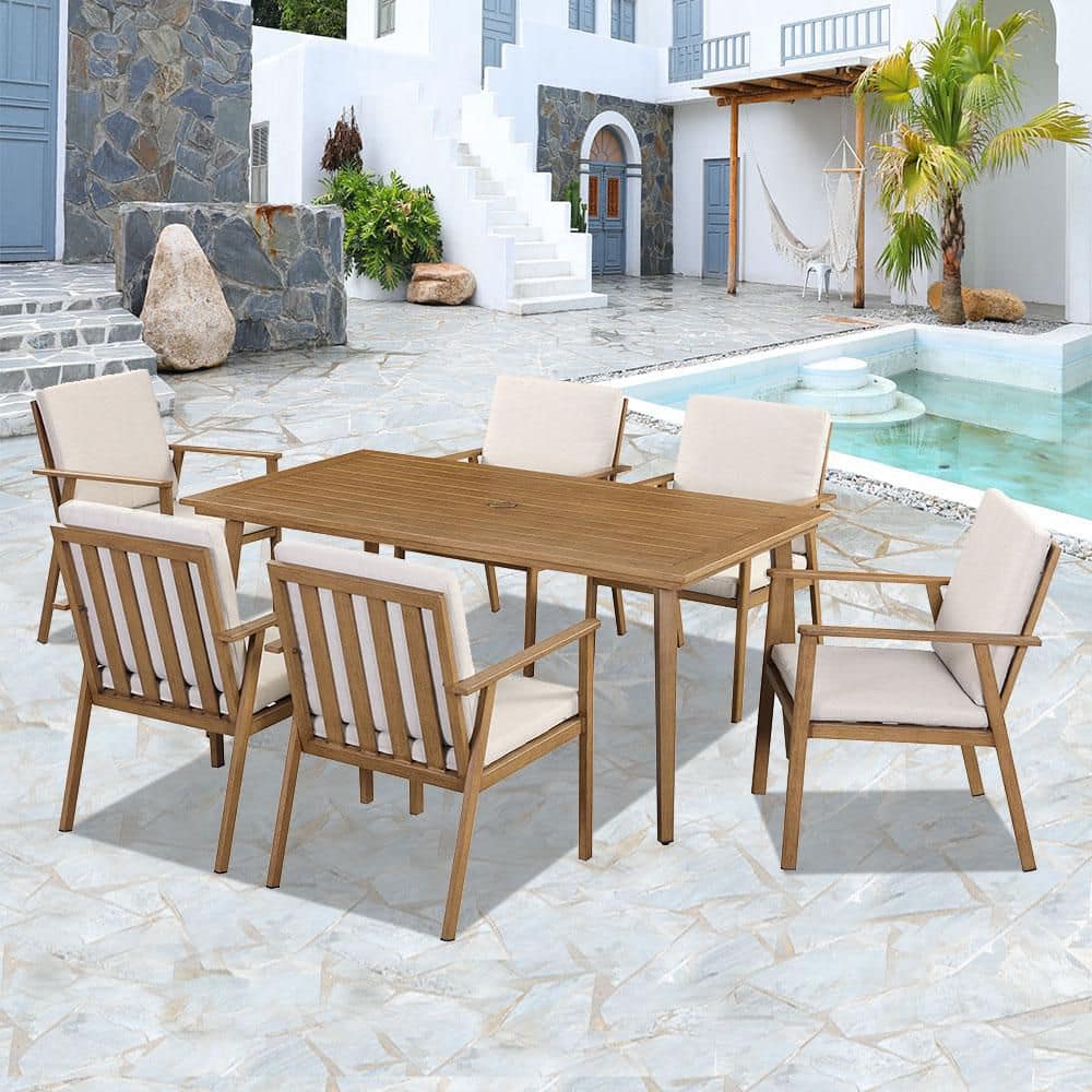 6 Pieces Aluminum Slat Outdoor Dining Chair, Arm Chair with Beige Cushion f