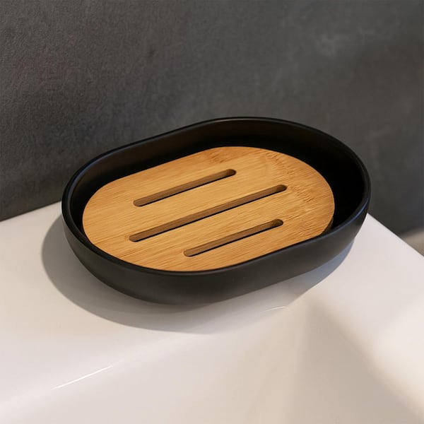 Padang Freestanding Soap Dish with Bamboo Tray Black
