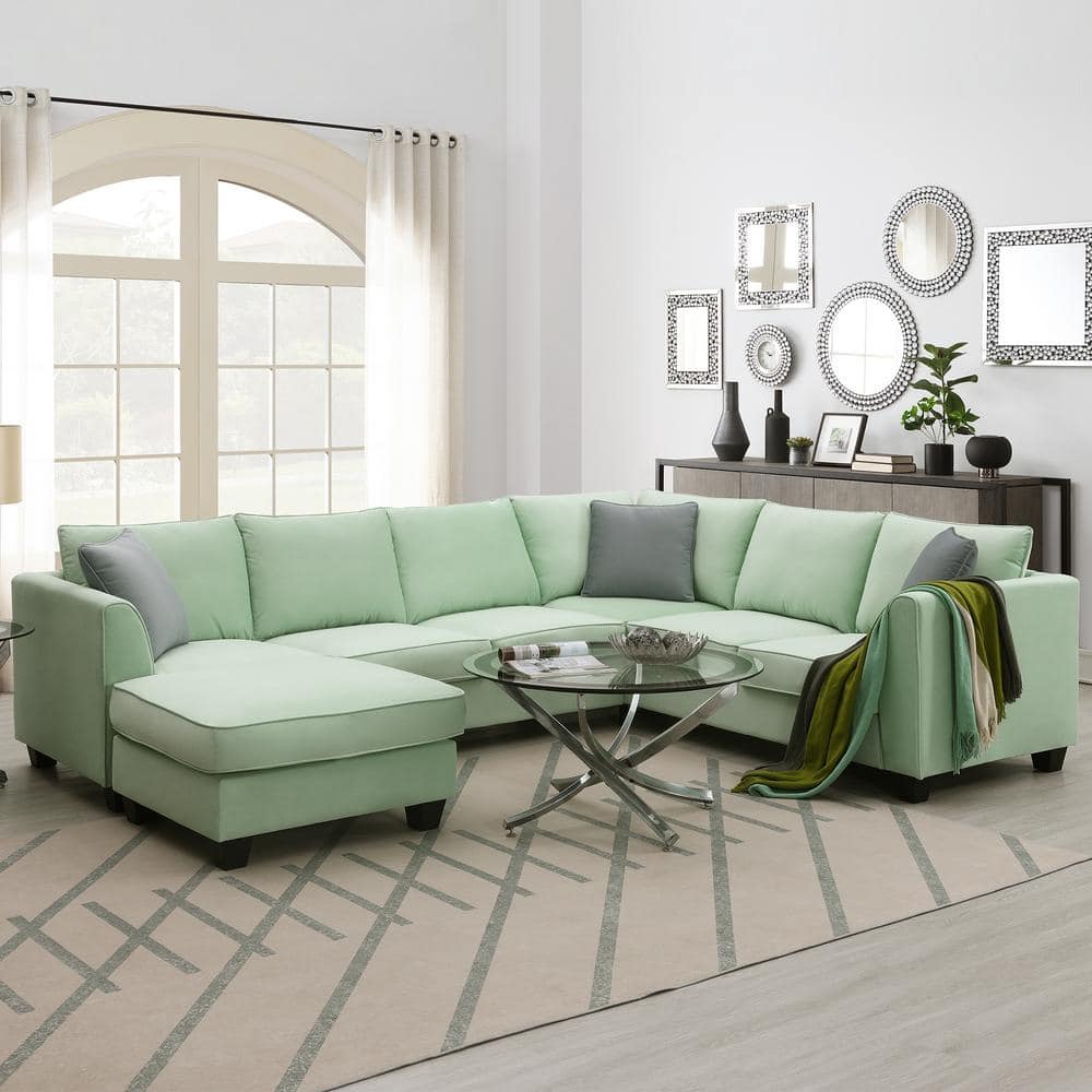 Zeus & Ruta Polyester Sofa Green in XB327-SDT-2 The U-Shaped 112 Square - Depot 3-Piece Sectional Home Arm in