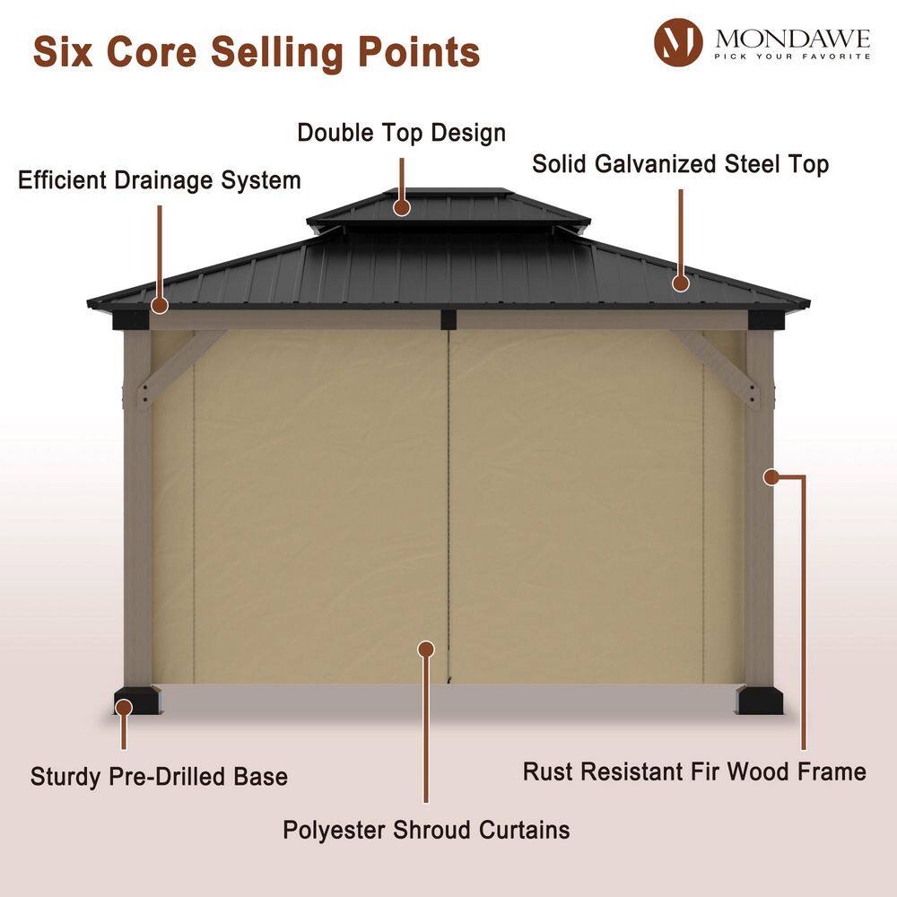 10 ft x 12 ft Fir Wood Frame Patio Gazebo with Steel Hardtop Roof