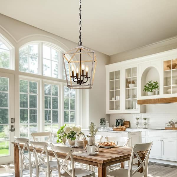 8 in. 4-Light White Geometric Open Cage Chandelier, Pendant Light for Dining Room Kitchens