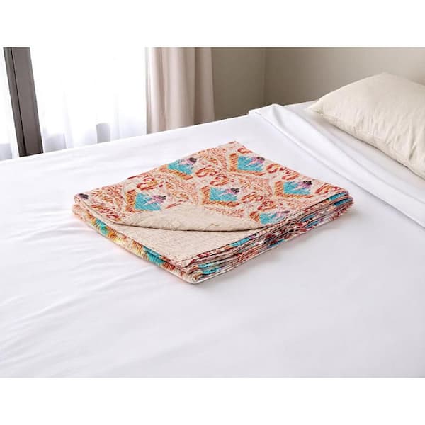 Beige, Pink Ikat Cotton Throw Blanket