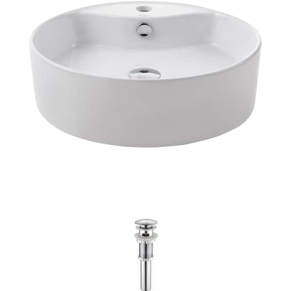 KRAUS Round Ceramic Vessel Bathroom Sink with Overflow in White with Pop Up Drain in Chrome