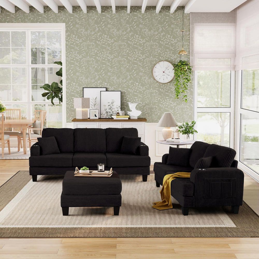 84 in. Square Arm Fabric Lawson Sectional Sofa with Cup Holders, USB Ports and Storage Ottoman in Black