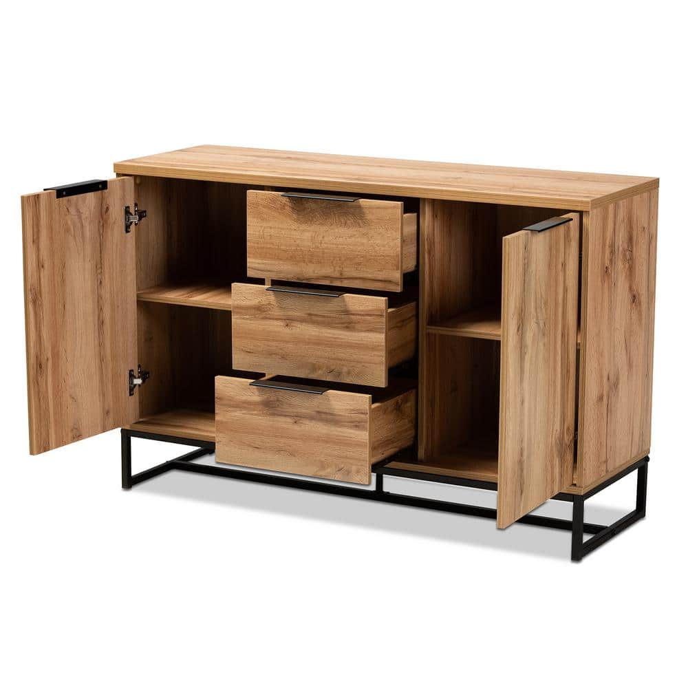 Reid Oak and Black Metal 3-Drawer Sideboard Buffet
