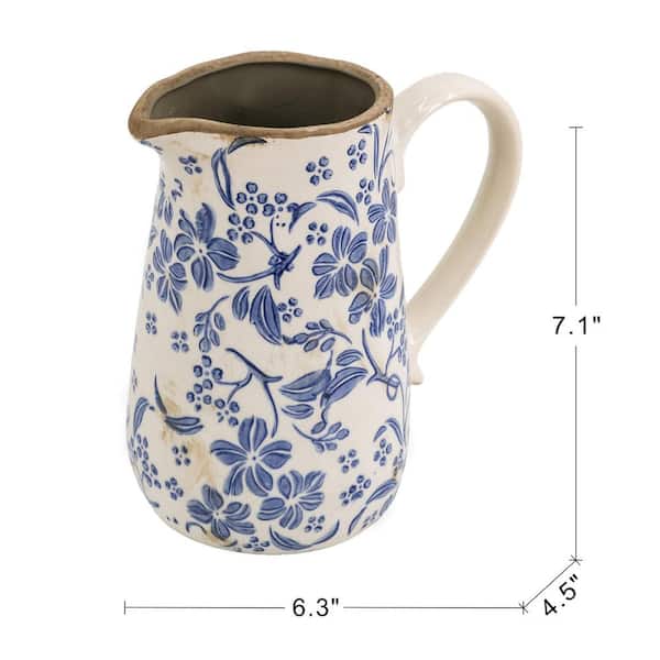 7.1 in. White+Blue Ceramic Decorative Pitcher Flower Vase with
