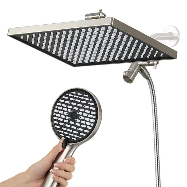 Rainfull 6-Spray 12 in. Wall Mount Dual Shower Head and Handheld Shower Head 1.8 GPM in Brushed Nickel