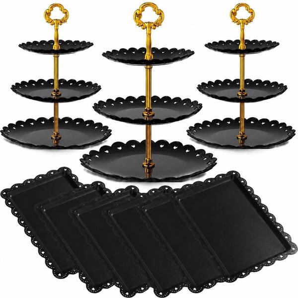 9-Piece Black and Gold Plastic Cake and Cupcake Stand Set with 3-Tier Round Trays and Rectangle Stands