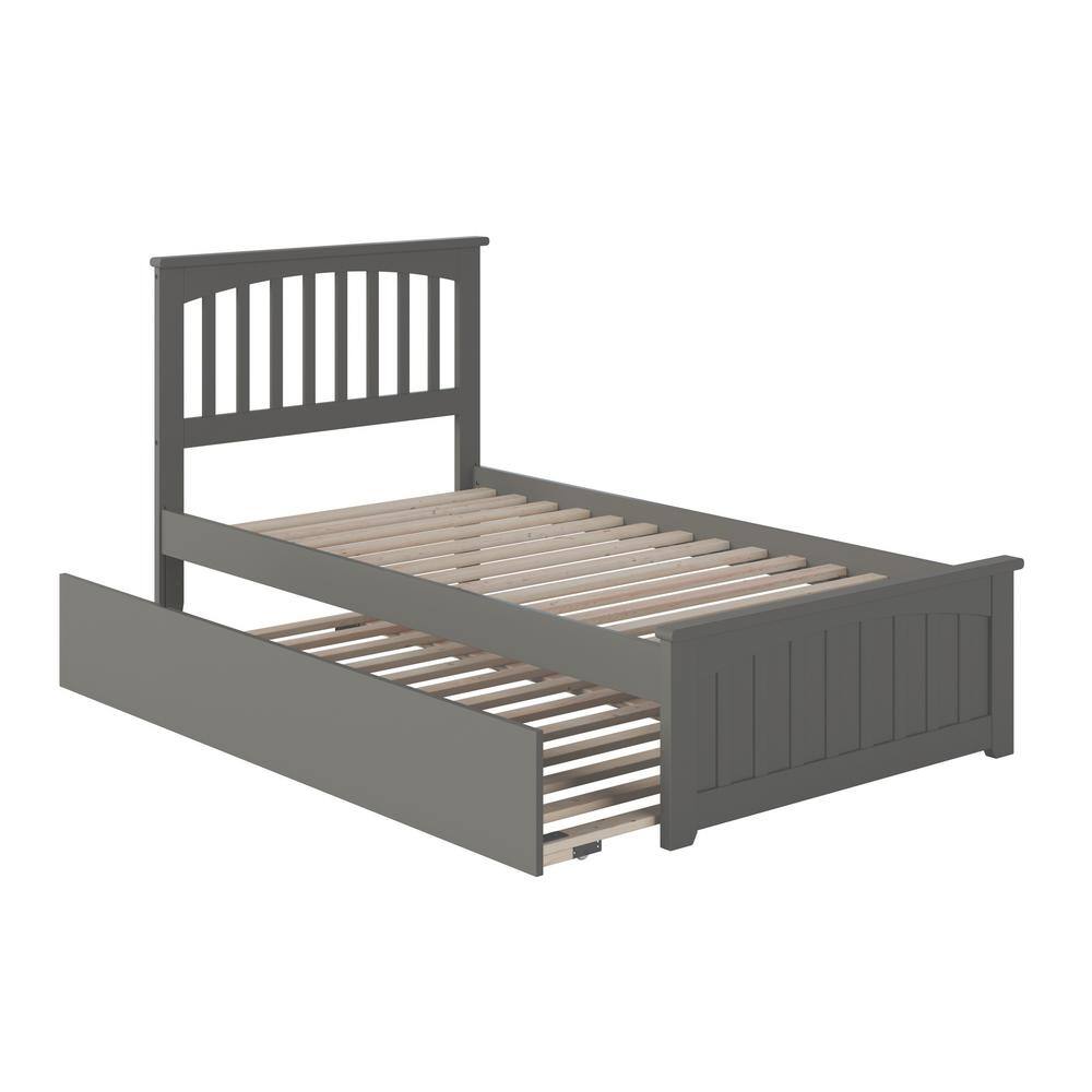 Grey twin platform bed frame with matching footboard.