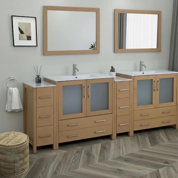 96 in. W x 18 in. D x 36 in. H Natural Oak Bath Vanity with White Ceramic Top and Mirror