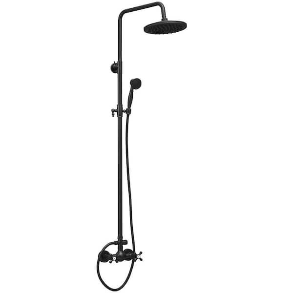 AKLFGN 2-Spray Outdoor Wall Bar Shower Kit 8 in. Round Rain Shower Head with Hand Shower and 2 Cross Knobs in Matte Black